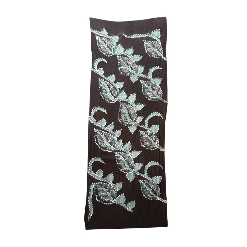 Wool Artisan Oversized Pashmina Wrap Scarf Giardino D'Oriente Grey Blue Leaves